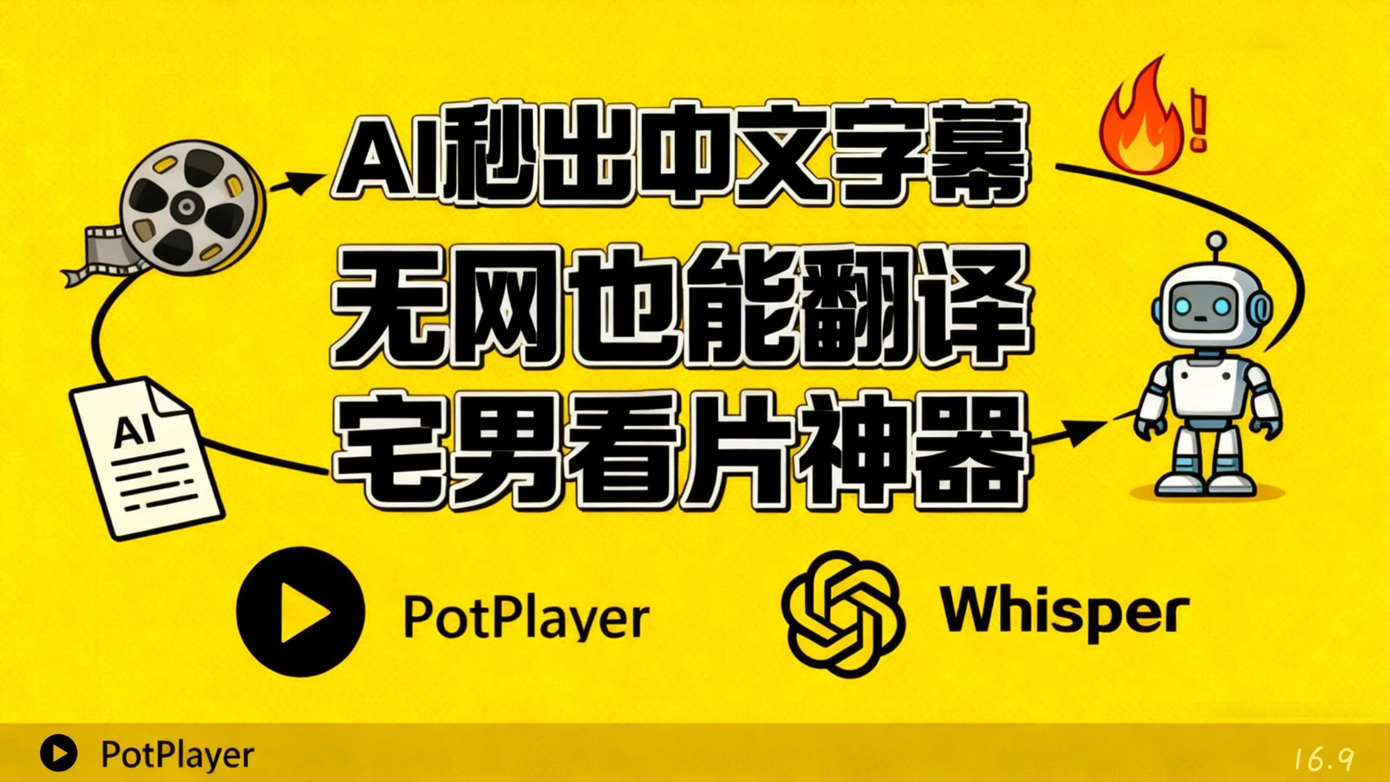 【宅男福利来了！】PotPlayer + Whisper + Ollama 最详细教程｜AI 自动生成视频字幕 + 实时中文字幕，支持本地离线翻译！ 评测视频封面
