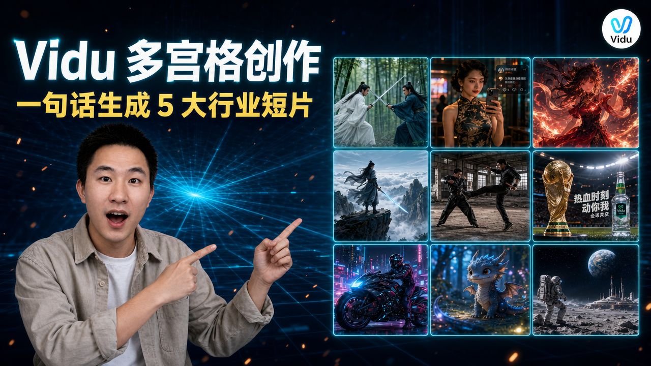 Vidu 多宫格创作教程：5 大行业一键生成短片，一句话搞定分镜 评测视频封面